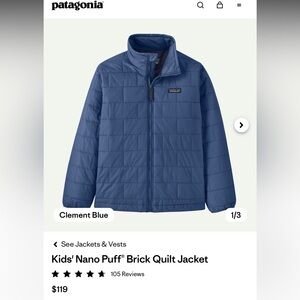 NWT Patagonia Kids Nano Puff Brick Quilt Jacket XL 14 Utility Blue